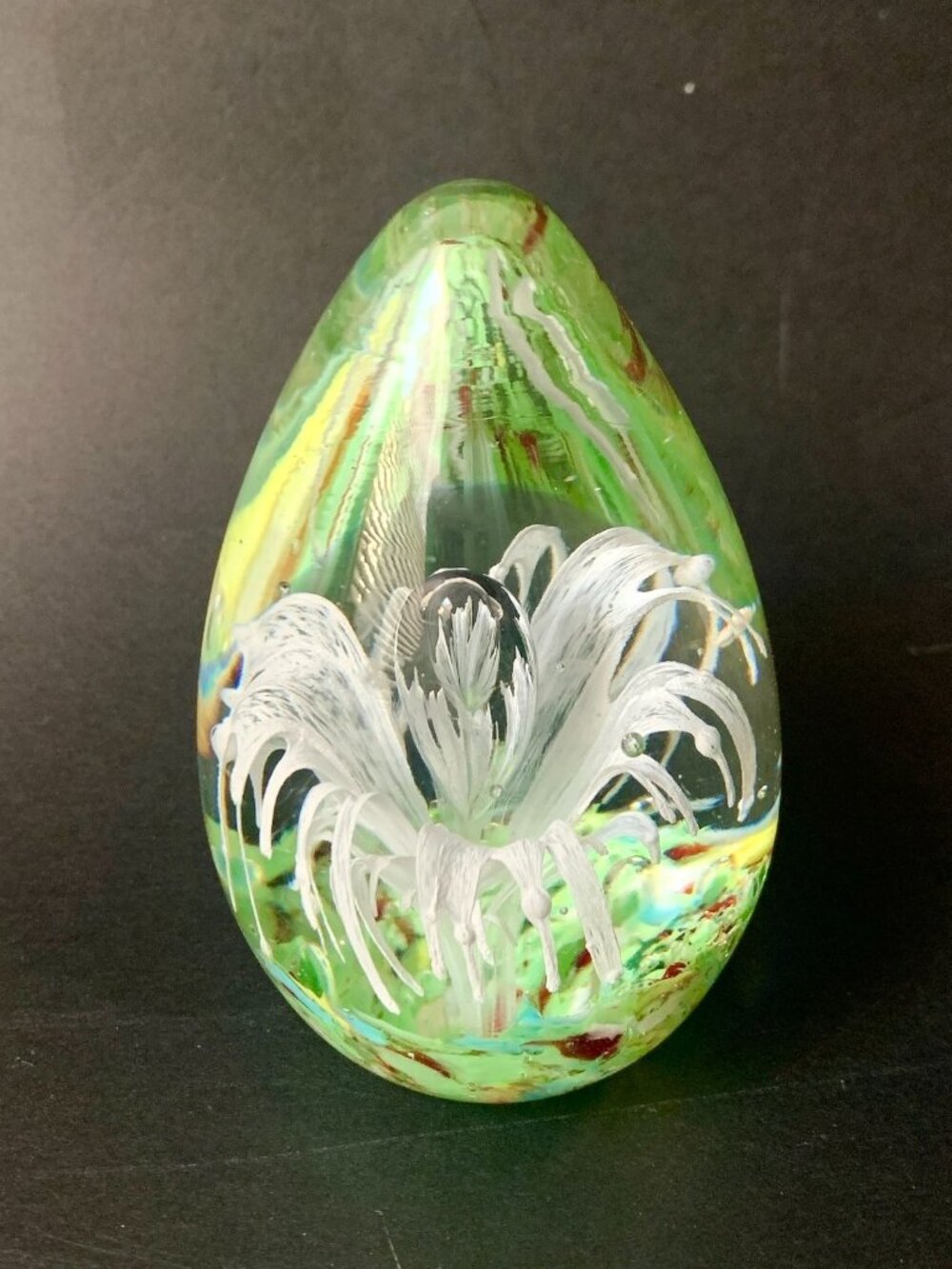 Vintage Art Glass Paperweight With White Flower Design & Green Swirl Accents